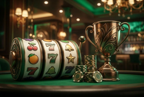 Rodillos de tragamonedas con frutas y sietes, un trofeo sencillo y fichas de casino
